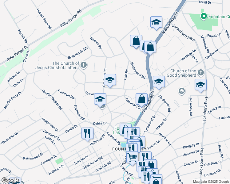 map of restaurants, bars, coffee shops, grocery stores, and more near 2910 Montbelle Drive in Knoxville