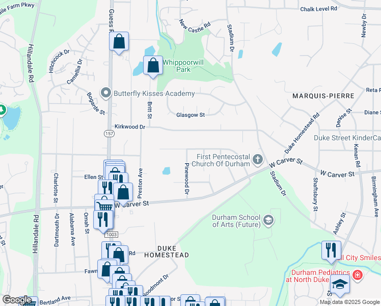 map of restaurants, bars, coffee shops, grocery stores, and more near 2707 Fairlawn Road in Durham
