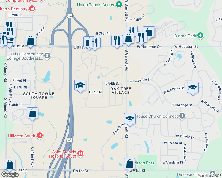 map of restaurants, bars, coffee shops, grocery stores, and more near 8402 South 111th East Avenue in Tulsa