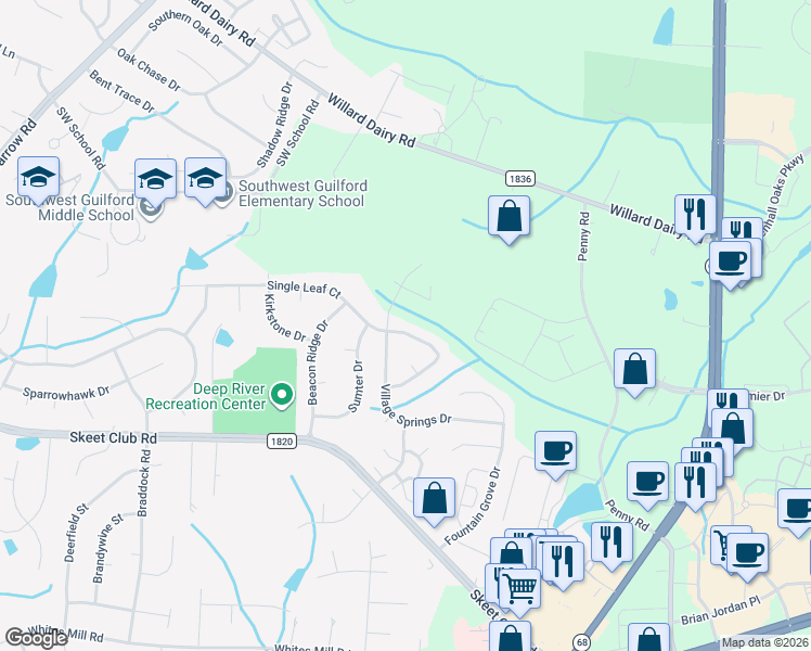 map of restaurants, bars, coffee shops, grocery stores, and more near 3705 Single Leaf Circle in High Point