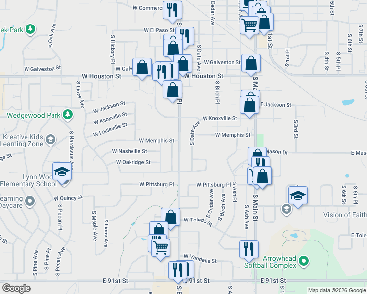 map of restaurants, bars, coffee shops, grocery stores, and more near 1109 South 161st East Avenue in Broken Arrow