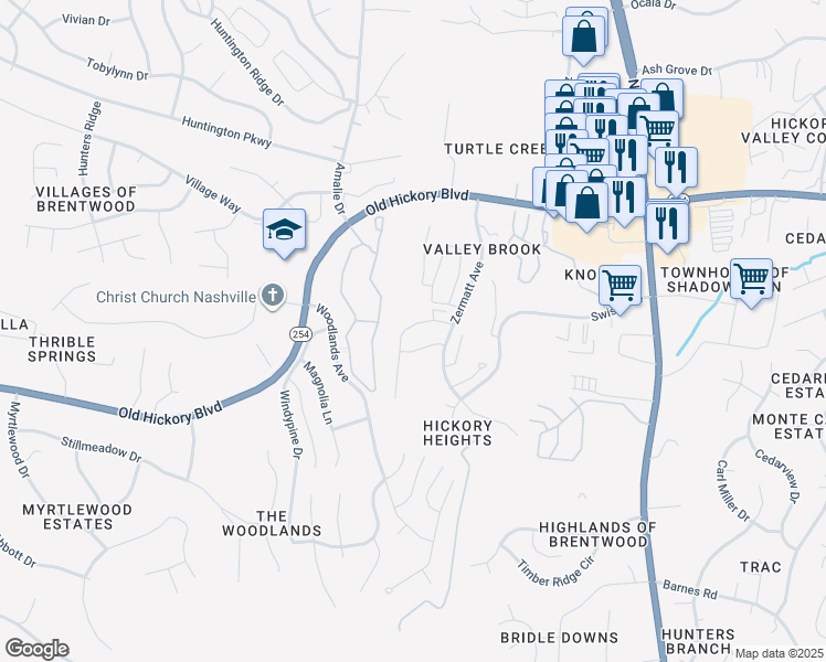 map of restaurants, bars, coffee shops, grocery stores, and more near 3536 Steffisburg Drive in Nashville