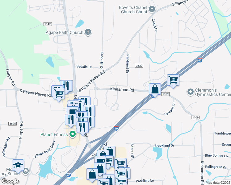 map of restaurants, bars, coffee shops, grocery stores, and more near 4930 Terrence Drive in Winston-Salem