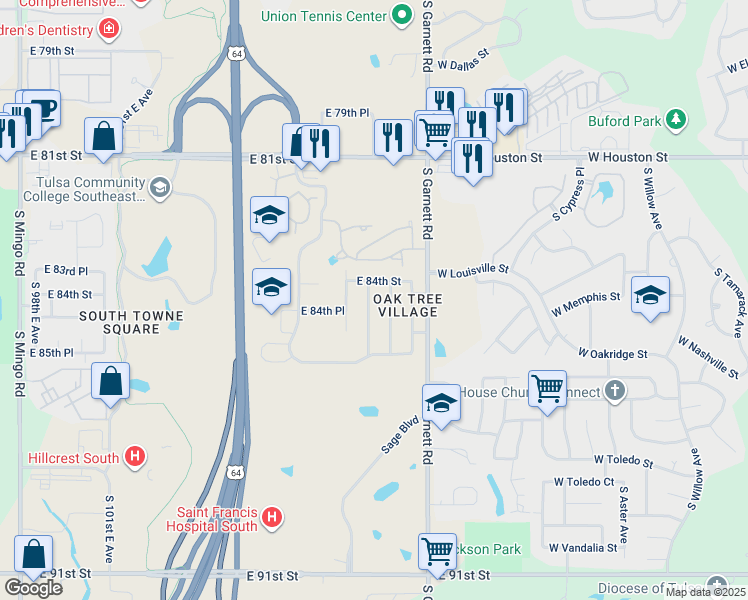 map of restaurants, bars, coffee shops, grocery stores, and more near 8402 South 111th East Avenue in Tulsa