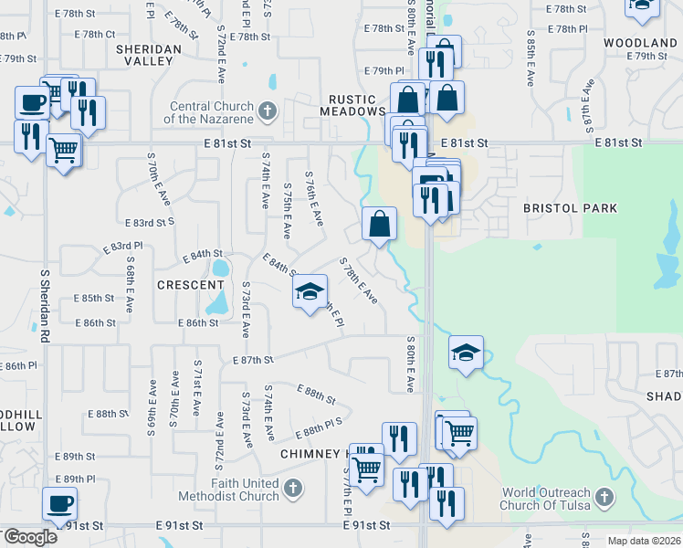 map of restaurants, bars, coffee shops, grocery stores, and more near 7529 South 78th East Avenue in Tulsa
