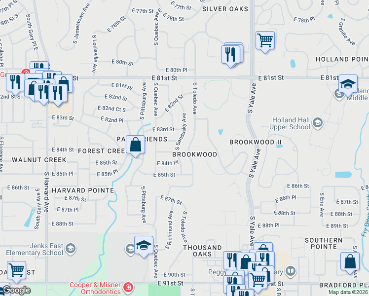map of restaurants, bars, coffee shops, grocery stores, and more near 8321 South Sandusky Avenue in Tulsa