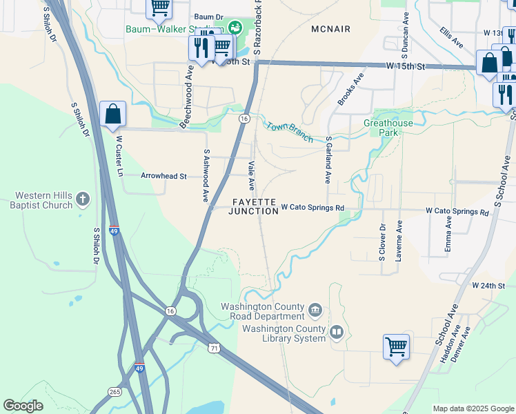 map of restaurants, bars, coffee shops, grocery stores, and more near 1438 West Cato Springs Road in Fayetteville