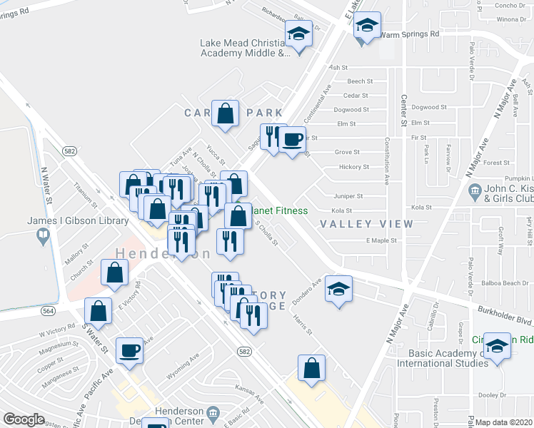 map of restaurants, bars, coffee shops, grocery stores, and more near 221 Caraway Bluffs Place in Henderson