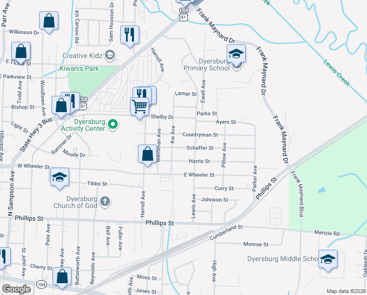 map of restaurants, bars, coffee shops, grocery stores, and more near 1641 Countryman Street in Dyersburg