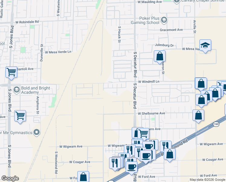 map of restaurants, bars, coffee shops, grocery stores, and more near 5086 Penryn Court in Las Vegas