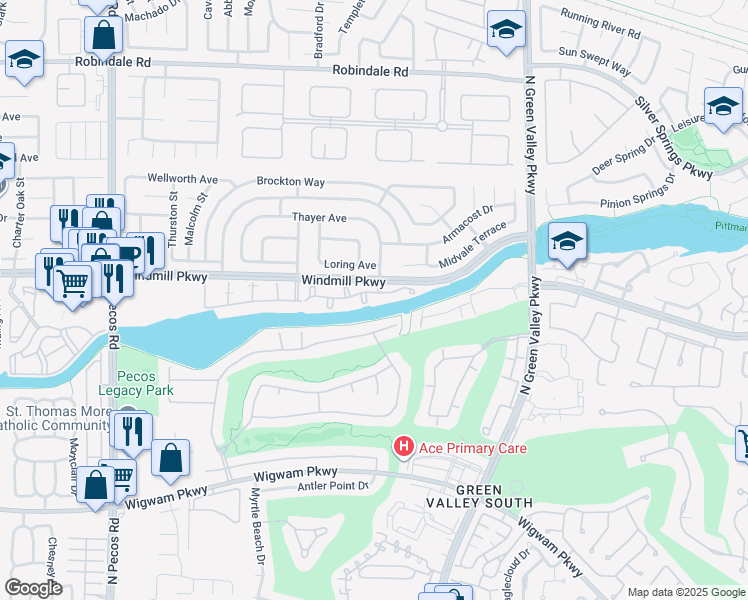 map of restaurants, bars, coffee shops, grocery stores, and more near 2325 Windmill Parkway in Henderson