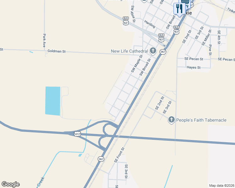 map of restaurants, bars, coffee shops, grocery stores, and more near 1318 Southwest Maple Street in Hoxie
