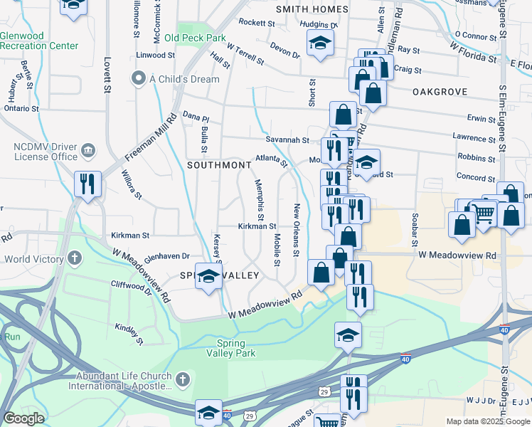 map of restaurants, bars, coffee shops, grocery stores, and more near 612 Memphis Street in Greensboro
