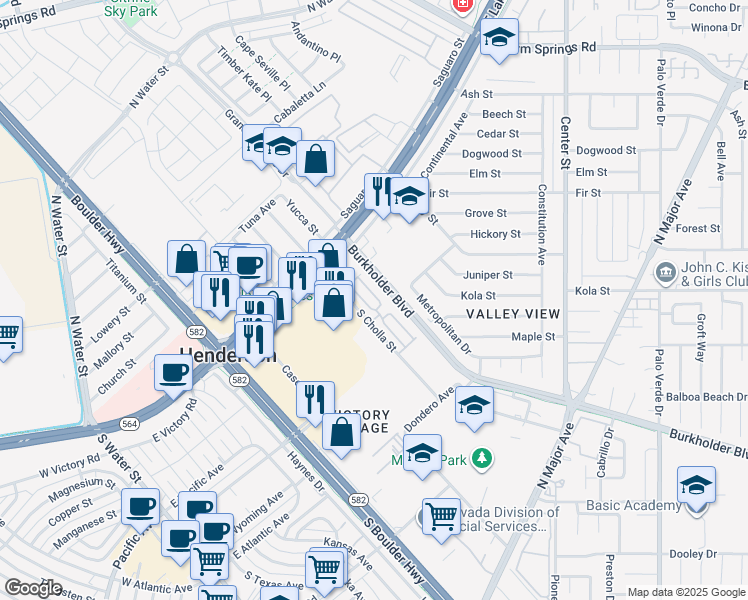 map of restaurants, bars, coffee shops, grocery stores, and more near 221 Caraway Bluffs Place in Henderson