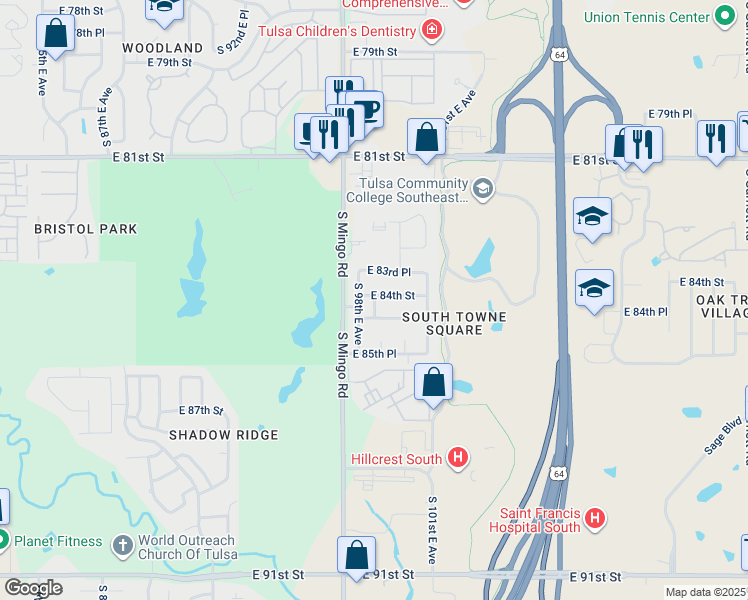 map of restaurants, bars, coffee shops, grocery stores, and more near 8416 South 98th Place East in Tulsa