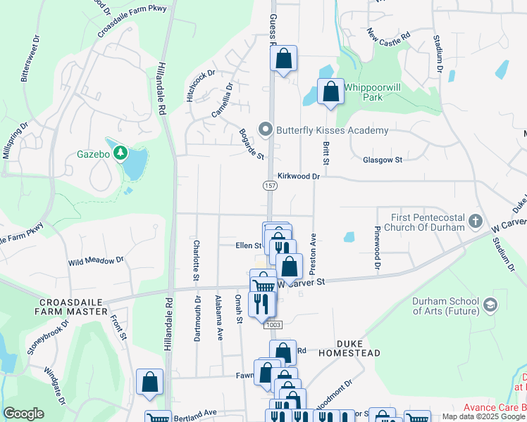 map of restaurants, bars, coffee shops, grocery stores, and more near 3501 Guess Road in Durham