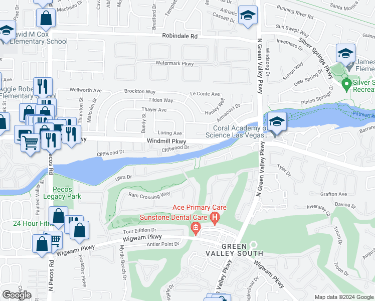 map of restaurants, bars, coffee shops, grocery stores, and more near 2325 Windmill Parkway in Henderson