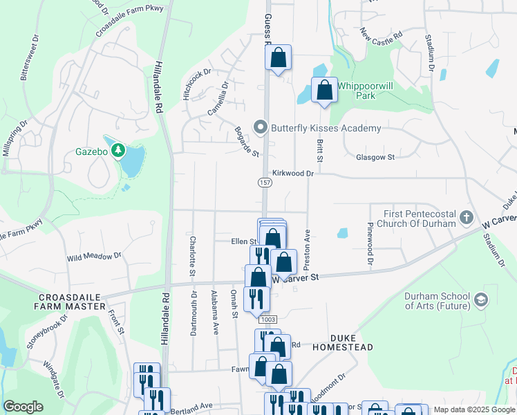 map of restaurants, bars, coffee shops, grocery stores, and more near 3501 Guess Road in Durham