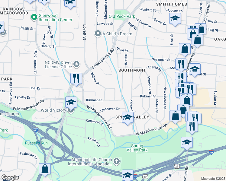 map of restaurants, bars, coffee shops, grocery stores, and more near 1840 Willora Street in Greensboro