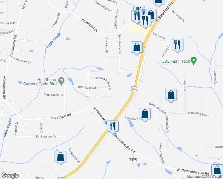 map of restaurants, bars, coffee shops, grocery stores, and more near 1849 Hunters Forest Drive in Winston-Salem