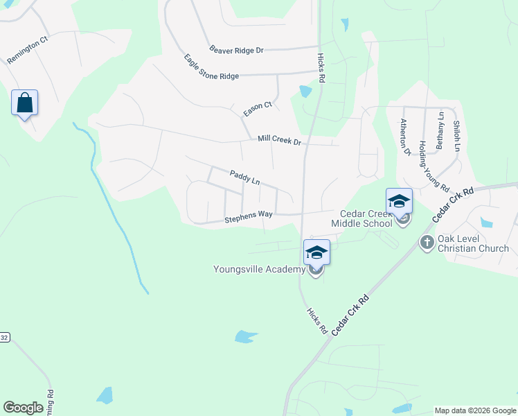map of restaurants, bars, coffee shops, grocery stores, and more near 65 James Joyce Court in Youngsville