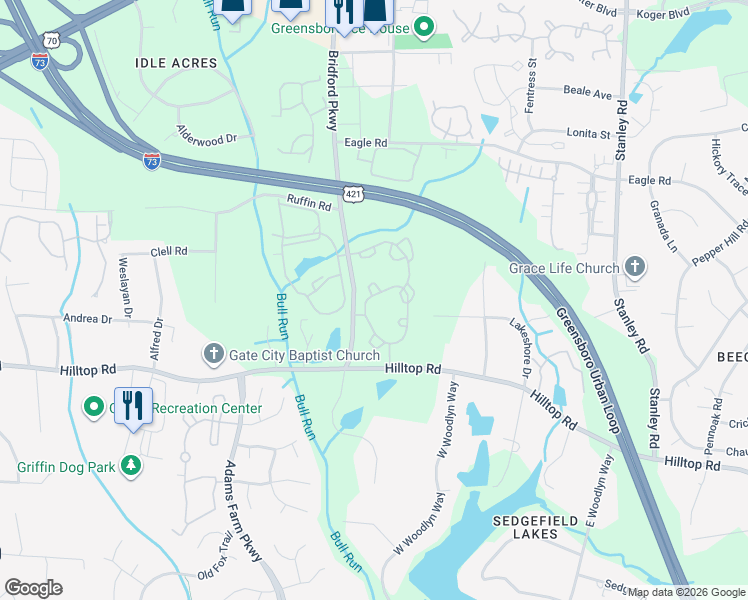 map of restaurants, bars, coffee shops, grocery stores, and more near 1521 Bridford Parkway in Greensboro