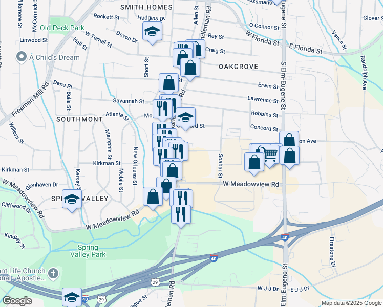 map of restaurants, bars, coffee shops, grocery stores, and more near 318 Village Green Drive in Greensboro
