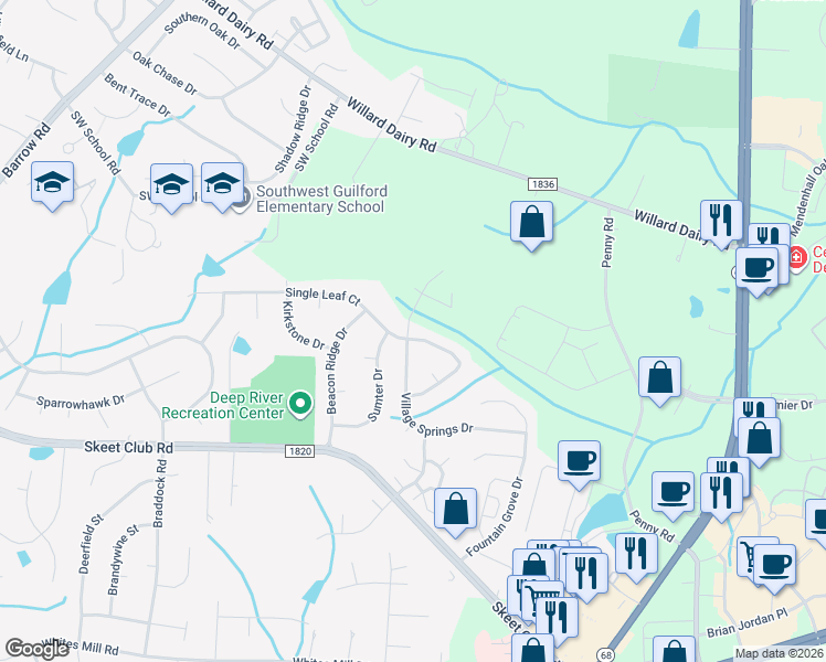 map of restaurants, bars, coffee shops, grocery stores, and more near 3642 Village Springs Drive in High Point
