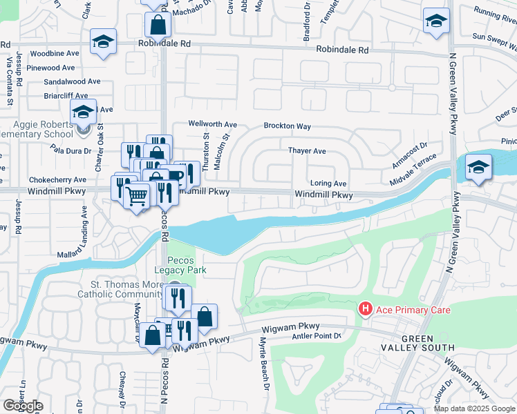 map of restaurants, bars, coffee shops, grocery stores, and more near 2384 Cliffwood Drive in Henderson