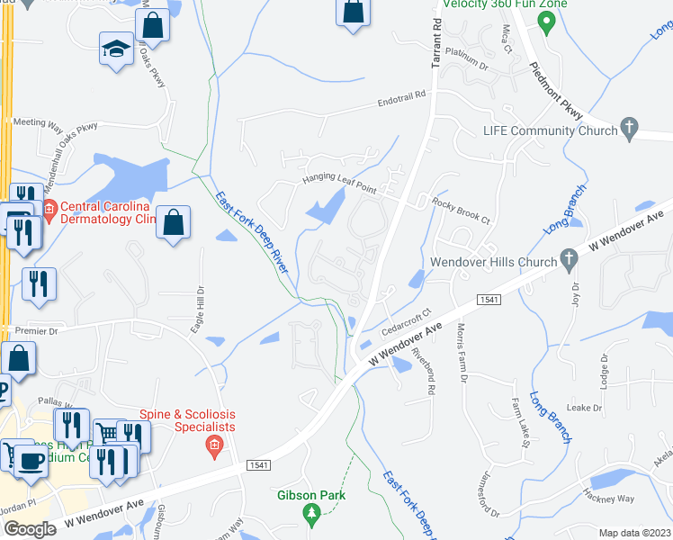 map of restaurants, bars, coffee shops, grocery stores, and more near 4028 Tarrant Trace Circle in High Point