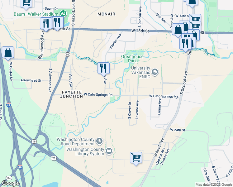 map of restaurants, bars, coffee shops, grocery stores, and more near 956 West Cato Springs Road in Fayetteville