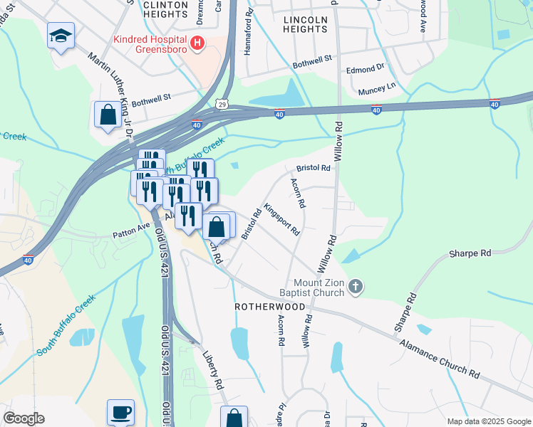 map of restaurants, bars, coffee shops, grocery stores, and more near 1302 Kingsport Road in Greensboro