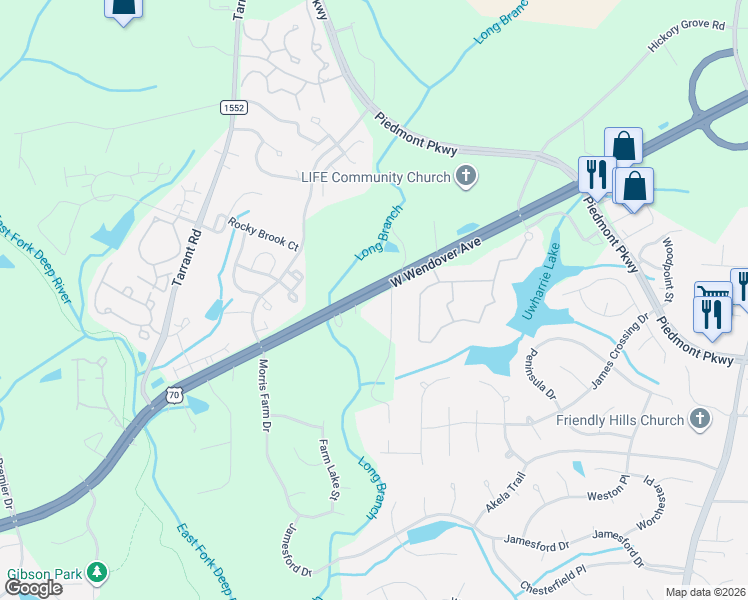 map of restaurants, bars, coffee shops, grocery stores, and more near 5001 West Wendover Avenue in Jamestown