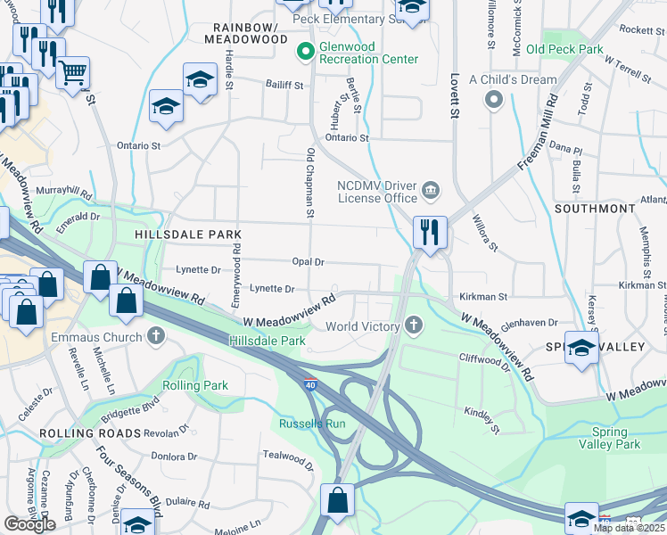 map of restaurants, bars, coffee shops, grocery stores, and more near 1923 Opal Drive in Greensboro