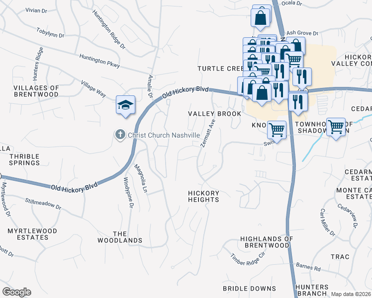 map of restaurants, bars, coffee shops, grocery stores, and more near 3536 Steffisburg Drive in Nashville