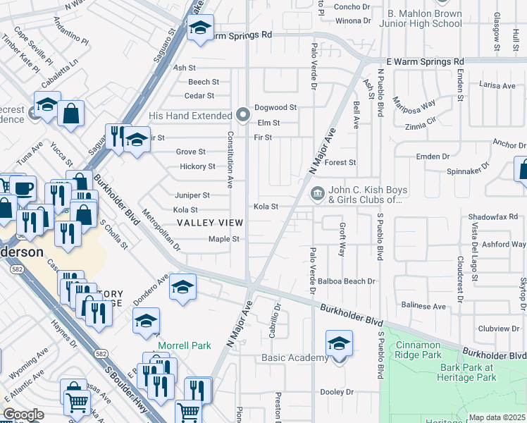 map of restaurants, bars, coffee shops, grocery stores, and more near 207 Kola Street in Henderson