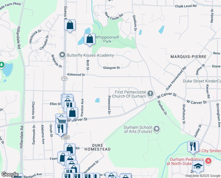 map of restaurants, bars, coffee shops, grocery stores, and more near 2707 Fairlawn Road in Durham