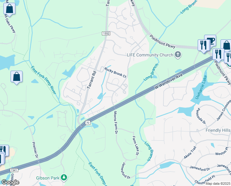 map of restaurants, bars, coffee shops, grocery stores, and more near 3606 Rising River Lane in Greensboro