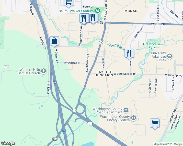 map of restaurants, bars, coffee shops, grocery stores, and more near 1983 South Razorback Road in Fayetteville