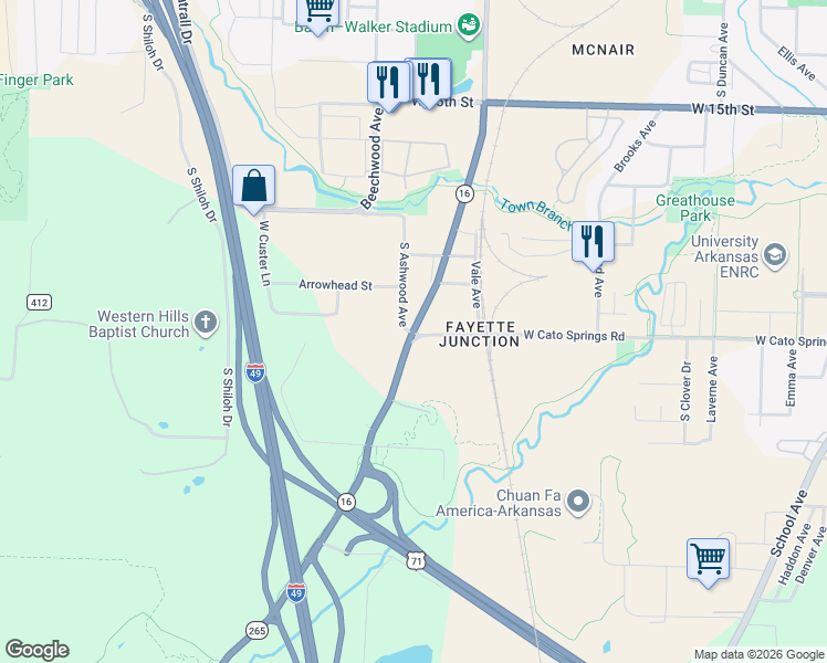 map of restaurants, bars, coffee shops, grocery stores, and more near 2014 South Ashwood Avenue in Fayetteville