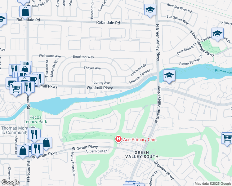 map of restaurants, bars, coffee shops, grocery stores, and more near 2325 Windmill Parkway in Henderson