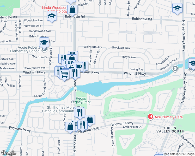 map of restaurants, bars, coffee shops, grocery stores, and more near 2433 Cliffwood Drive in Henderson