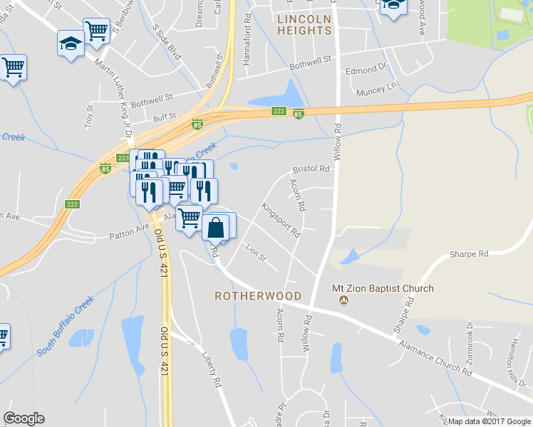 map of restaurants, bars, coffee shops, grocery stores, and more near 1302 Kingsport Road in Greensboro