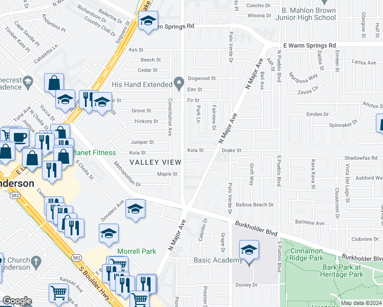 map of restaurants, bars, coffee shops, grocery stores, and more near 204 Kola Street in Henderson