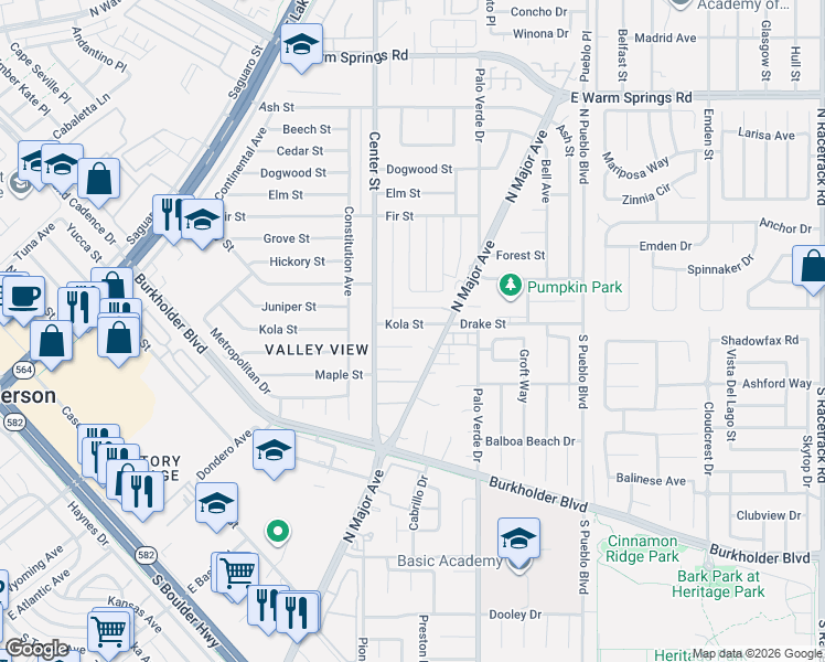 map of restaurants, bars, coffee shops, grocery stores, and more near 210 Kola Street in Henderson