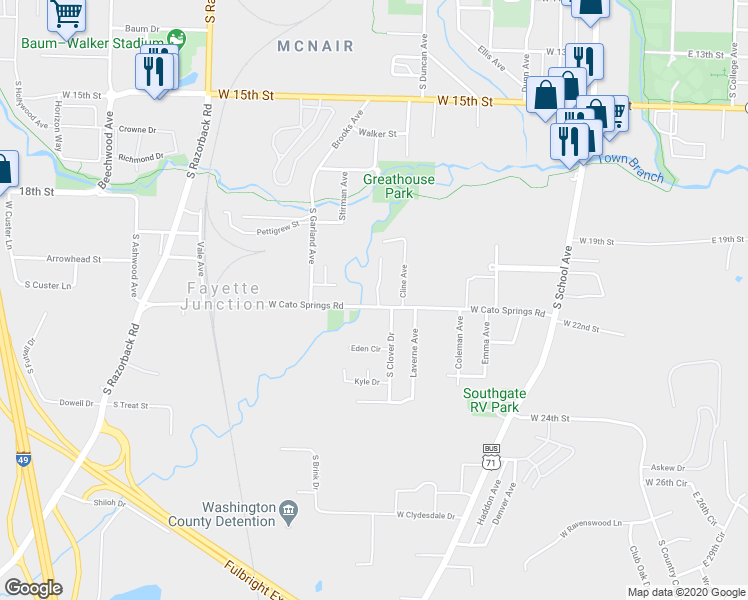 map of restaurants, bars, coffee shops, grocery stores, and more near 890 West Cato Springs Road in Fayetteville