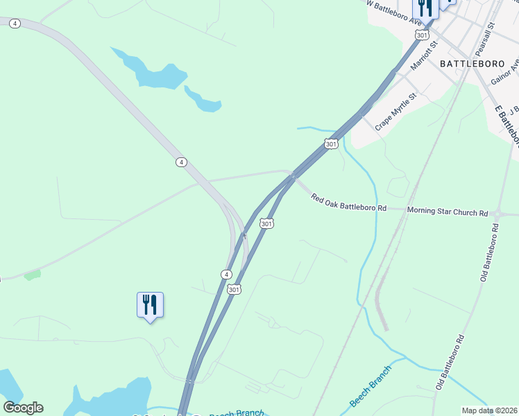map of restaurants, bars, coffee shops, grocery stores, and more near North U.S. 301 in Rocky Mount
