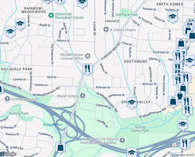 map of restaurants, bars, coffee shops, grocery stores, and more near 1310 Minor Street in Greensboro