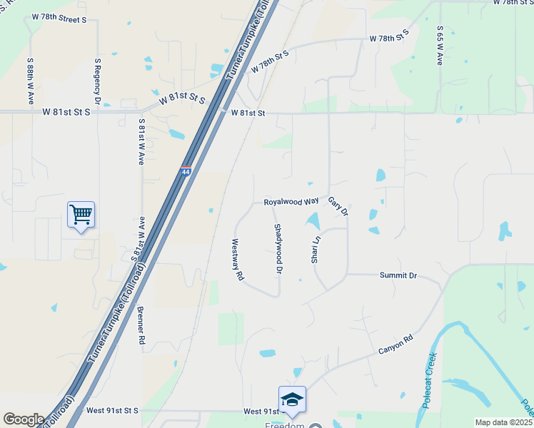 map of restaurants, bars, coffee shops, grocery stores, and more near 7526 Royalwood Way in Tulsa