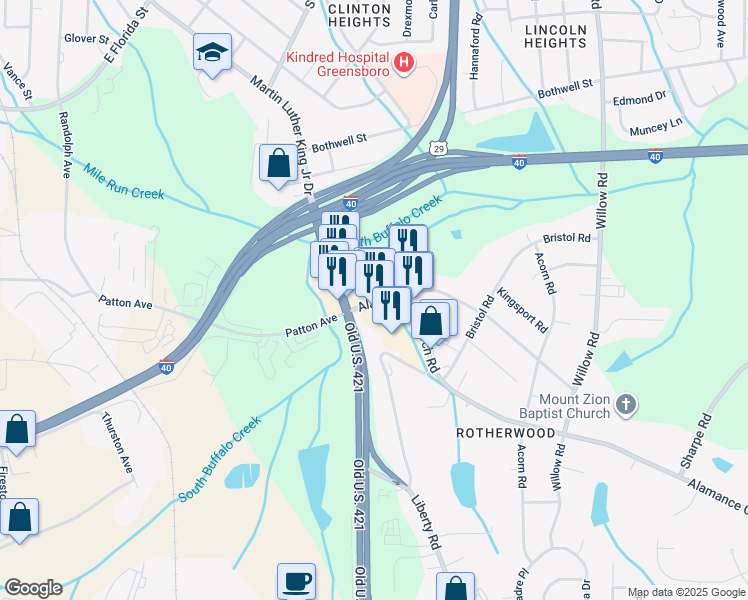 map of restaurants, bars, coffee shops, grocery stores, and more near 1023 Alamance Church Road in Greensboro